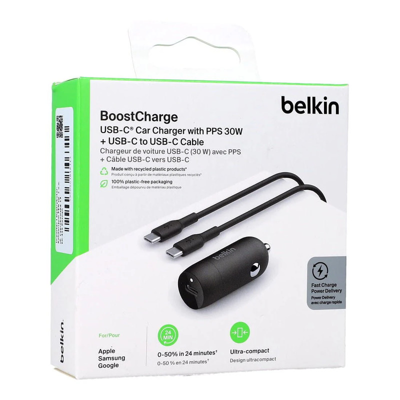 Belkin BoostCharge 30W USB-C Cable To USB-C Car Charger - Black - شاحن